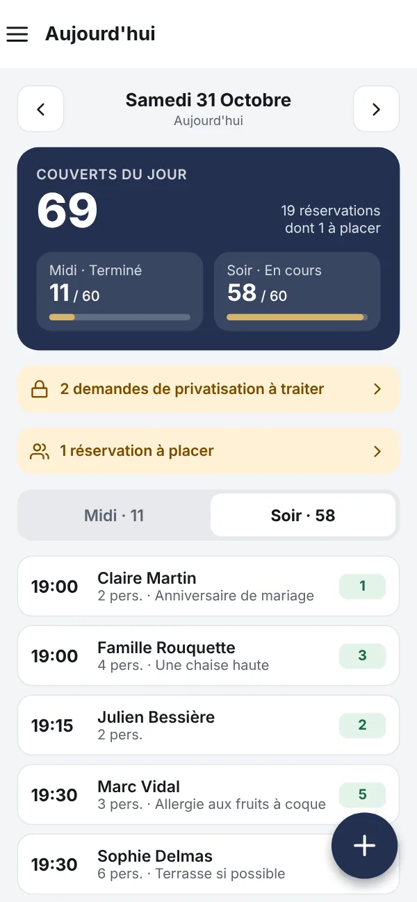 Écran « Aujourd'hui » de l'application : couverts du jour et réservations à venir