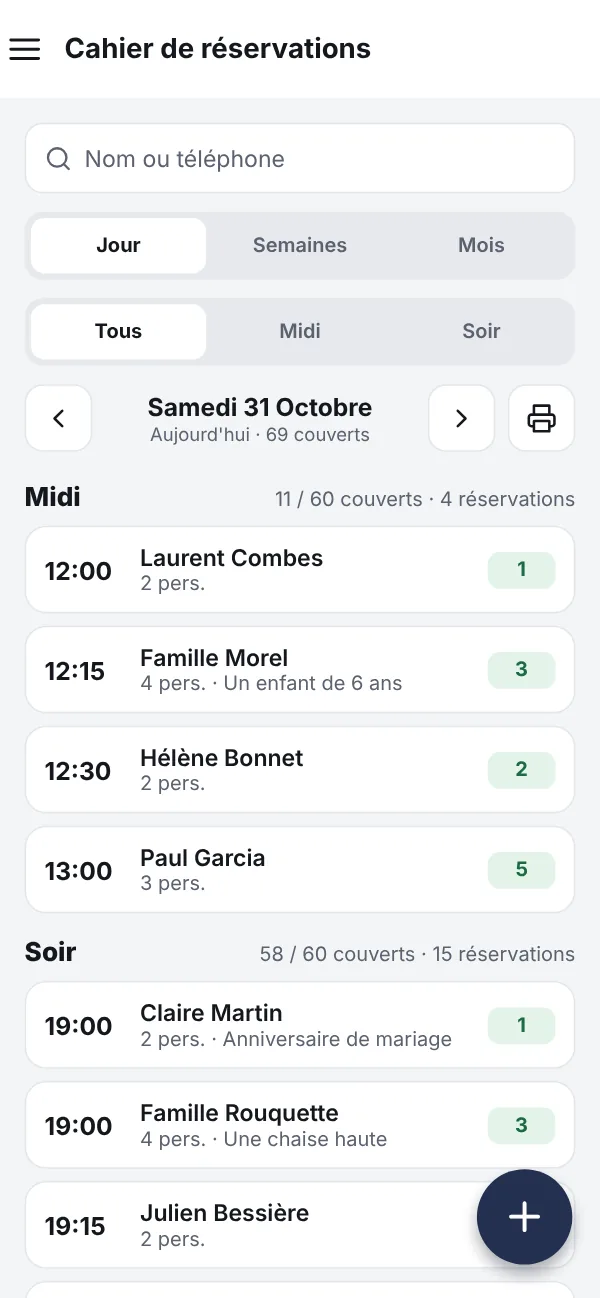 Cahier de réservations dans l'application : réservations du midi et du soir