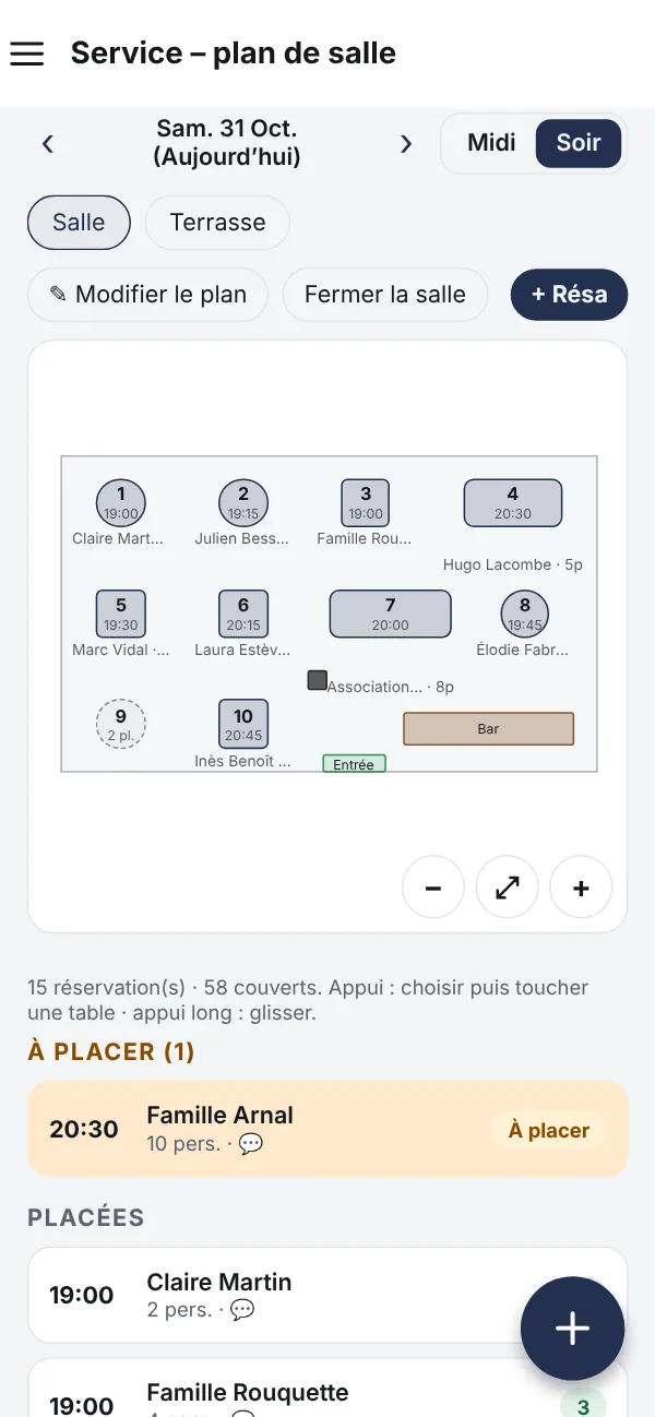 Vue du service sur l'application : plan de la salle et tables réservées