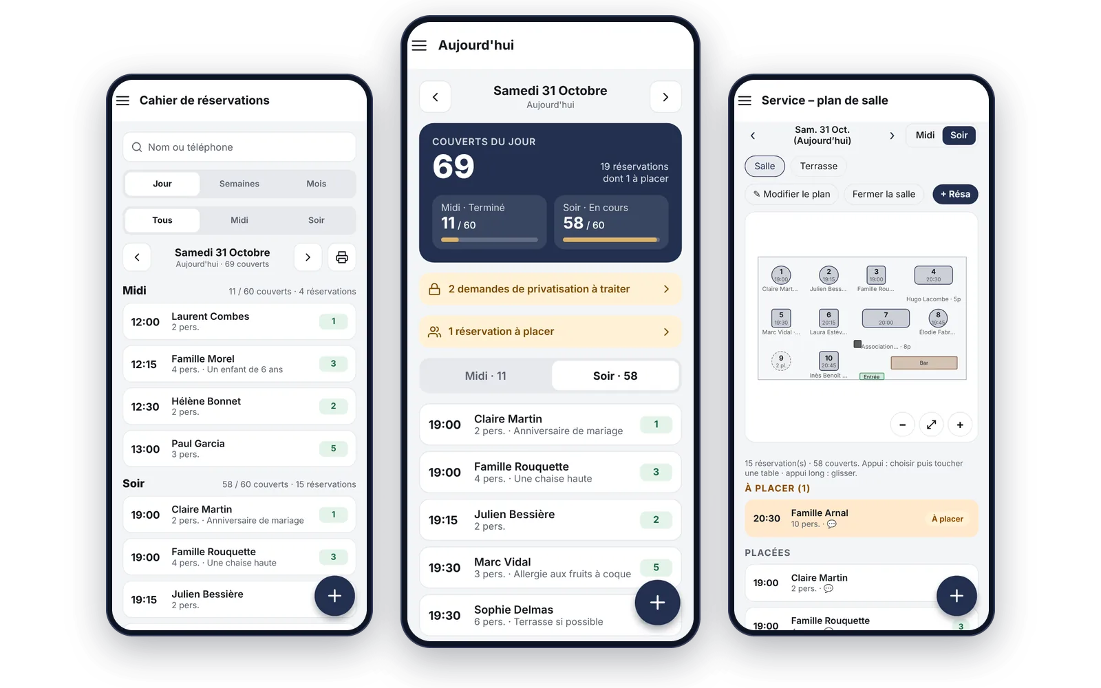 Trois écrans de l'application Booking A Table : réservations du jour, cahier et plan de salle