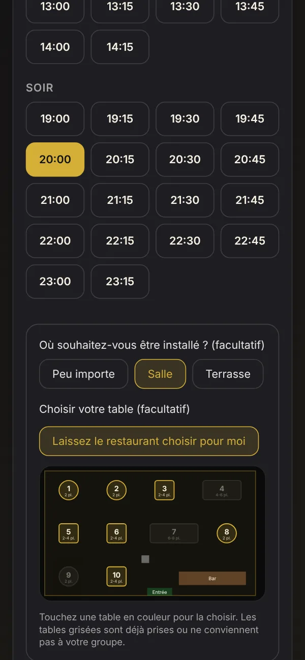 Choix de la table par le client sur la page de réservation, sur téléphone