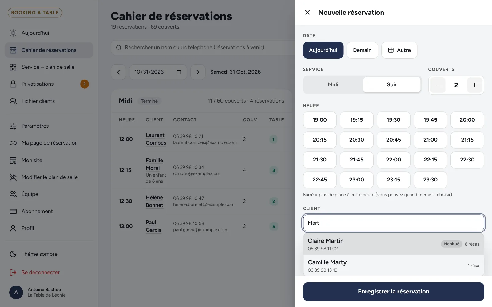Nouvelle réservation : suggestions de fiches clients pendant la saisie du nom