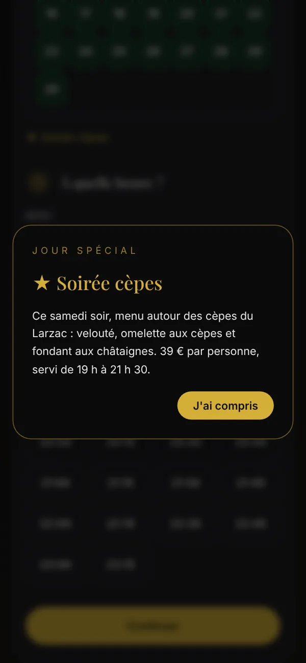 Message d'un jour spécial affiché sur la page de réservation, sur téléphone