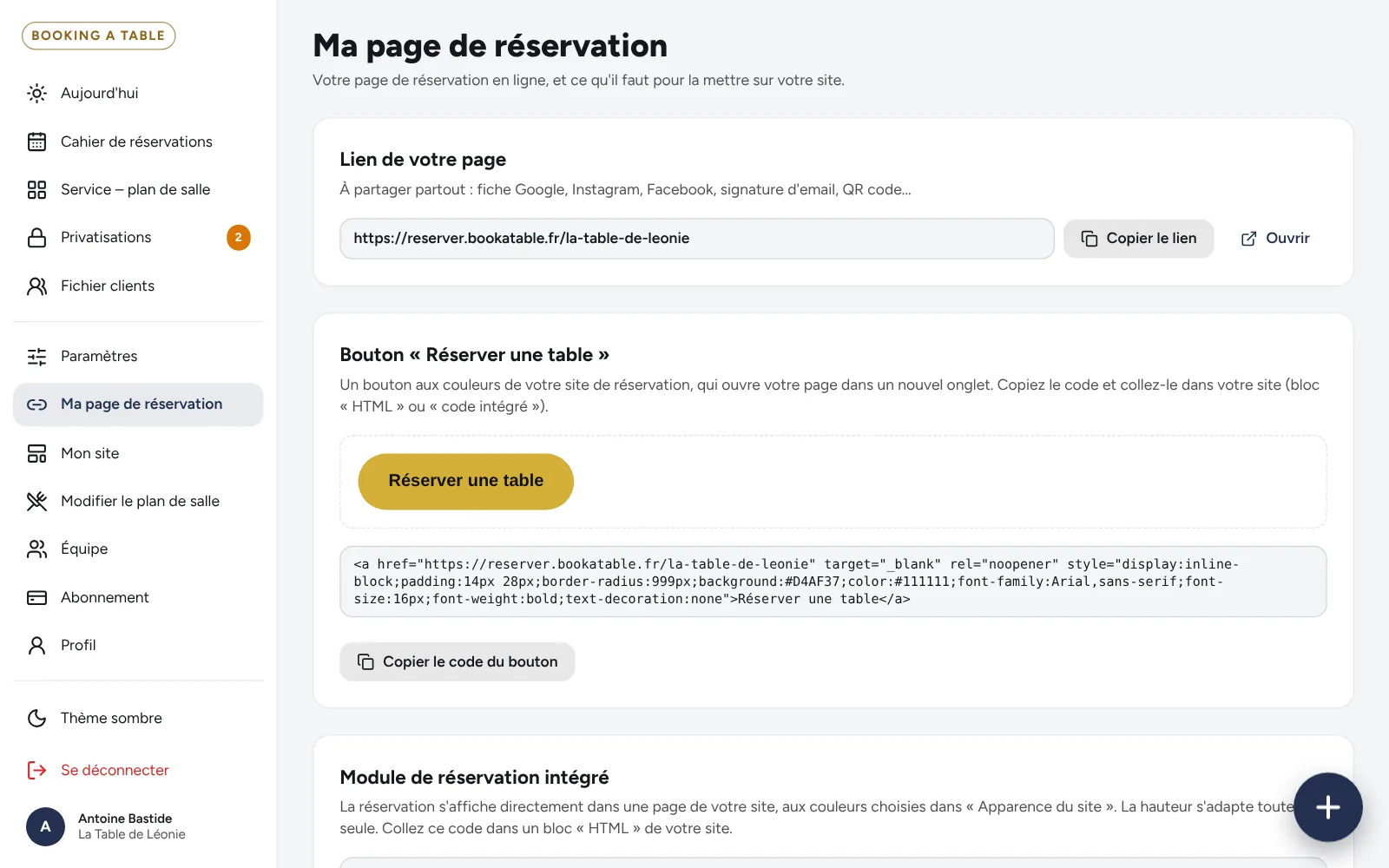 Rubrique « Ma page de réservation » : lien de la page, code du bouton et code du module à copier
