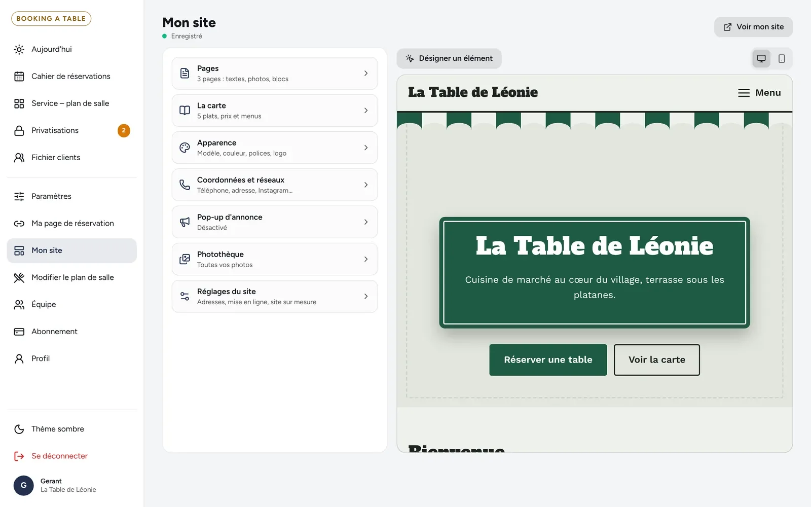 Éditeur « Mon site » : liste des pages et des blocs, avec l'aperçu du site