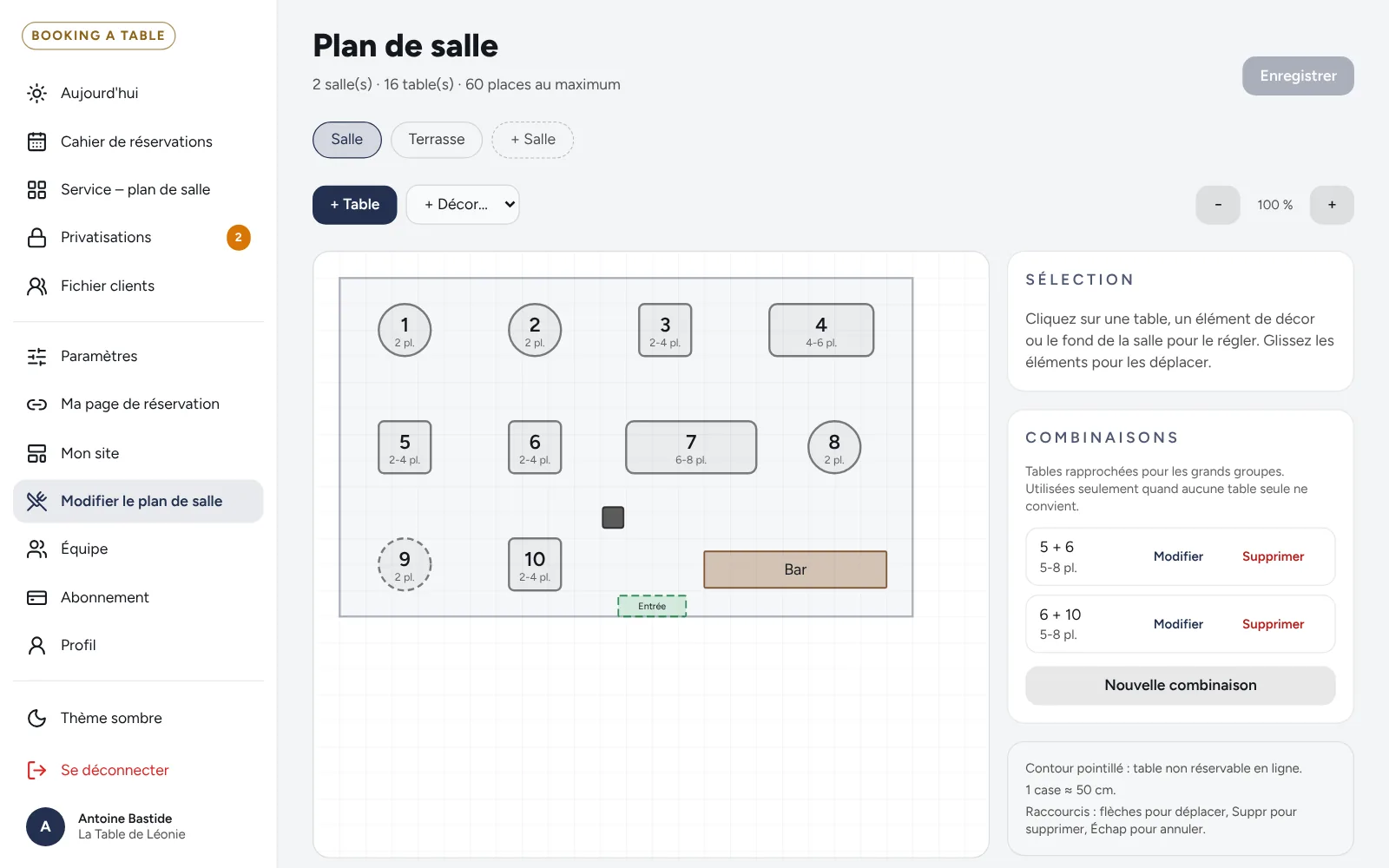 Éditeur du plan de salle : salle et terrasse, tables rondes et rectangulaires, bar et entrée