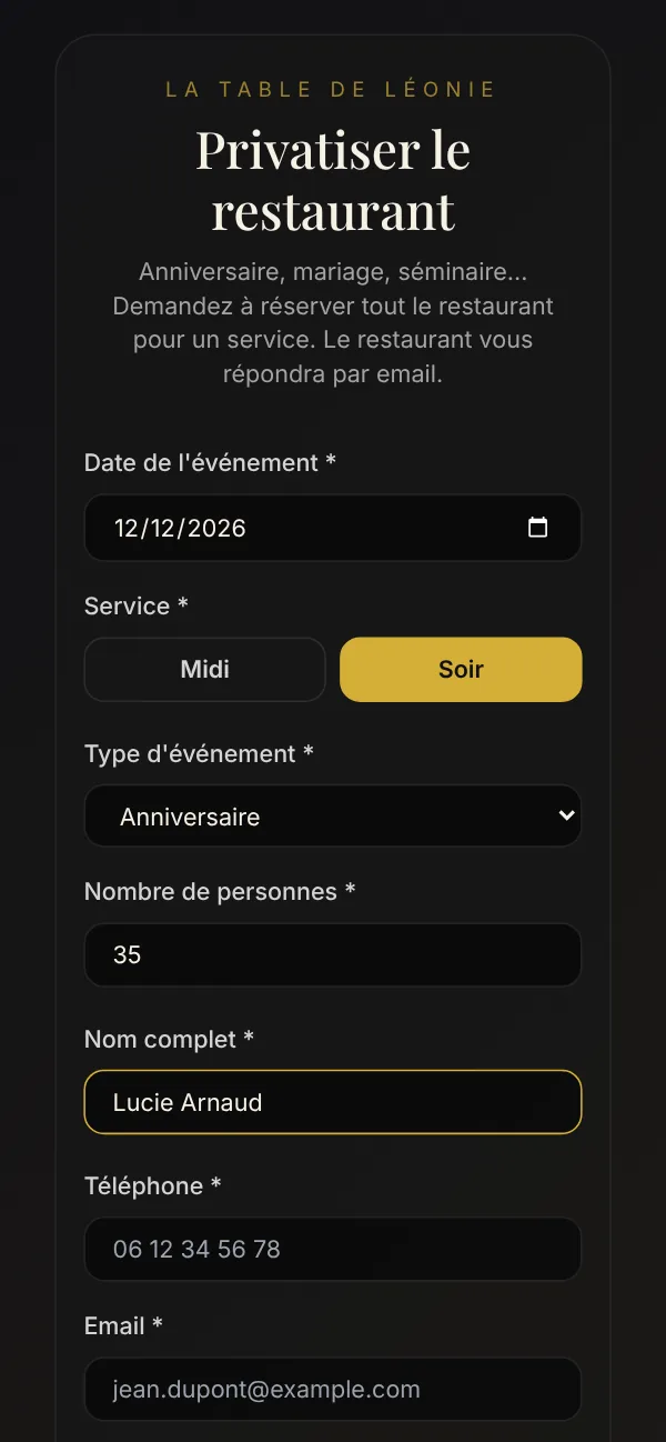 Formulaire de demande de privatisation sur téléphone