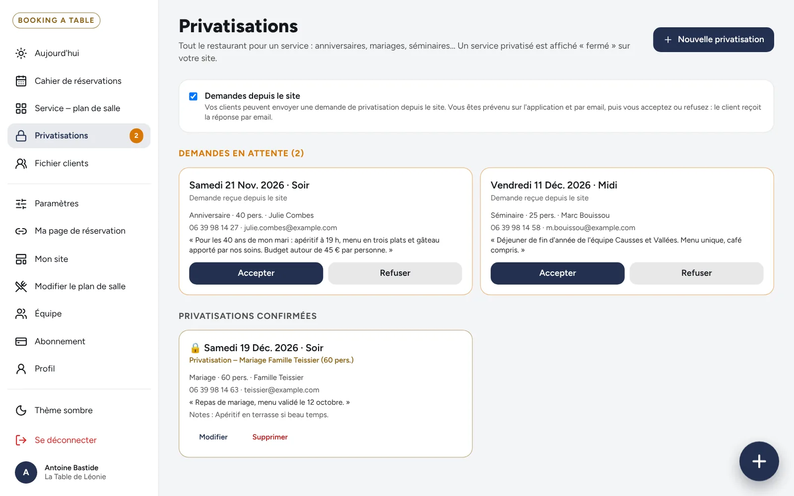 Rubrique Privatisations : demande en attente à accepter ou refuser, et privatisations confirmées