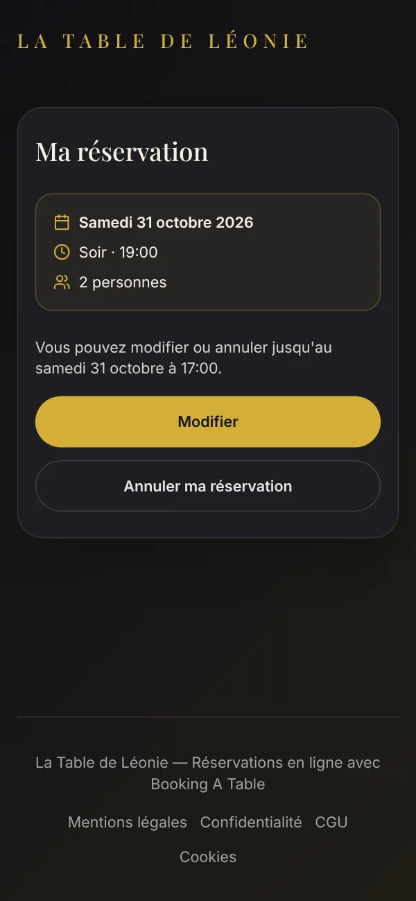 Page « Ma réservation » sur téléphone : modifier ou annuler la réservation