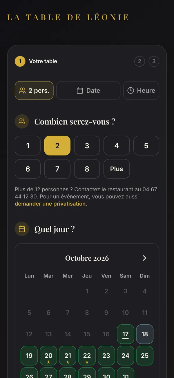 Page de réservation sur téléphone, aux couleurs du restaurant